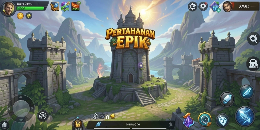 Screenshot gameplay menampilkan menara bertahan di medan perang.