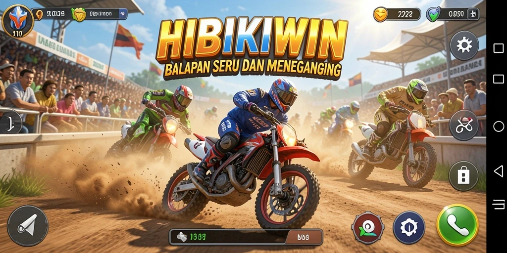 Gameplay HIBIKIWIN yang menegangkan dengan mobil balap di lintasan.