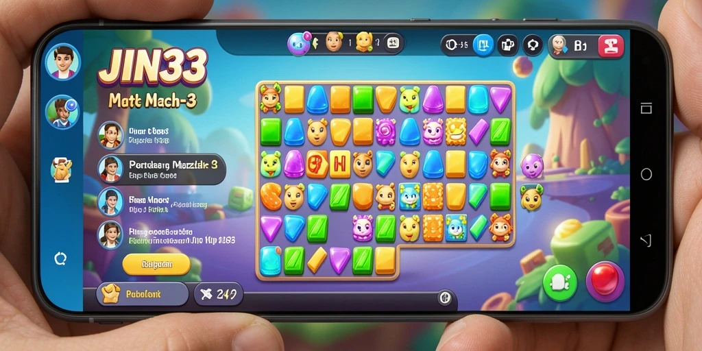 Screenshot menunjukkan gameplay seru JIN33 dengan elemen Match-3 yang cerah.