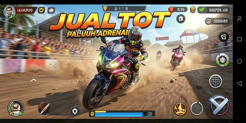 Screenshot gameplay JUALTOTO menampilkan aksi balapan motor yang mendebarkan.