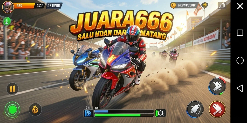 Tampilan gameplay seru di JUARA666 dengan balapan motor yang menegangkan.